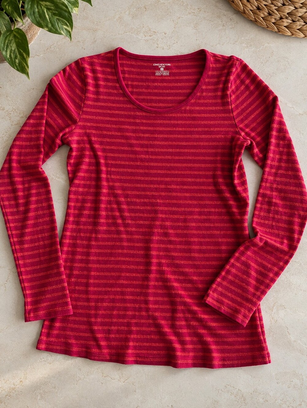 Jones New York Sport Striped Long Sleeve Top Pink Red Orange Size M